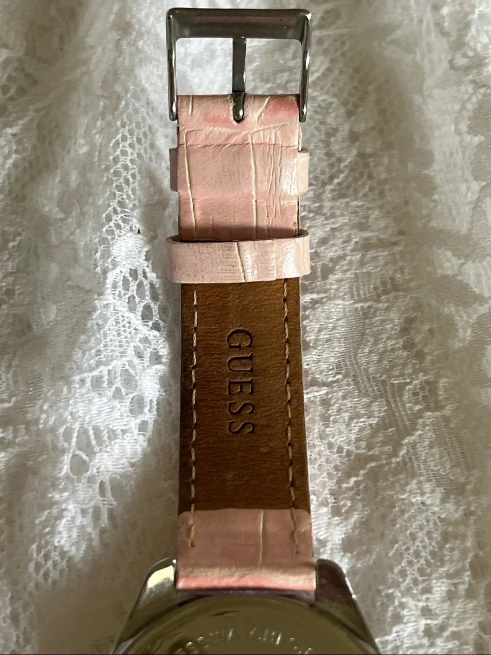 GUESS Pink Crystal-Trim Heart Dial Women’s Watch